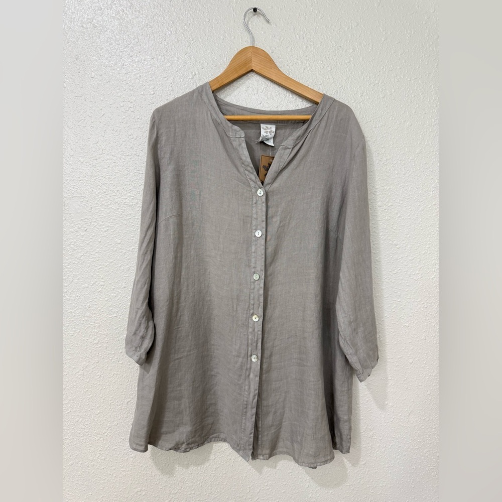 Match Point Linen Gray Shirt Tunic Relaxed  Button-Front Tunic Top Size L NWT